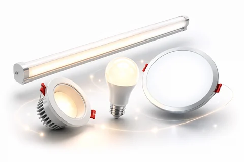 An LED batten, a recessed downlight, a bulb and a round ceiling panel