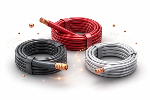 Three coils of stranded copper cable in red, grey and white